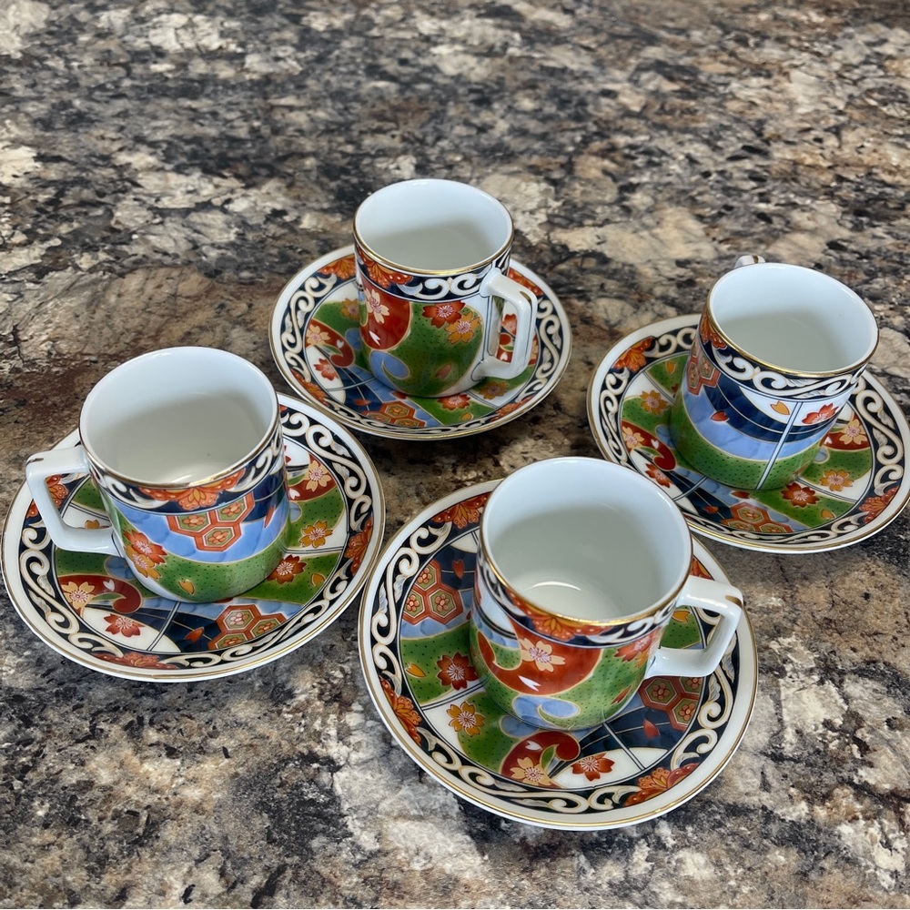 Vintage Andrea by Sadek Tea Cups & Saucers. Set of 4. Orange/Blue/Green